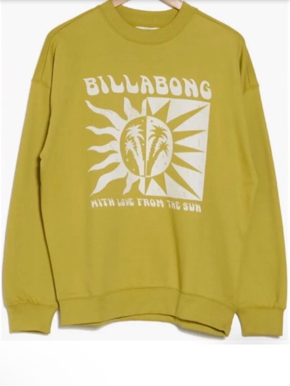 Billabong Boyfriend’s Back Crewneck Sweatshirt in Olive-Gold with Sun Graphic